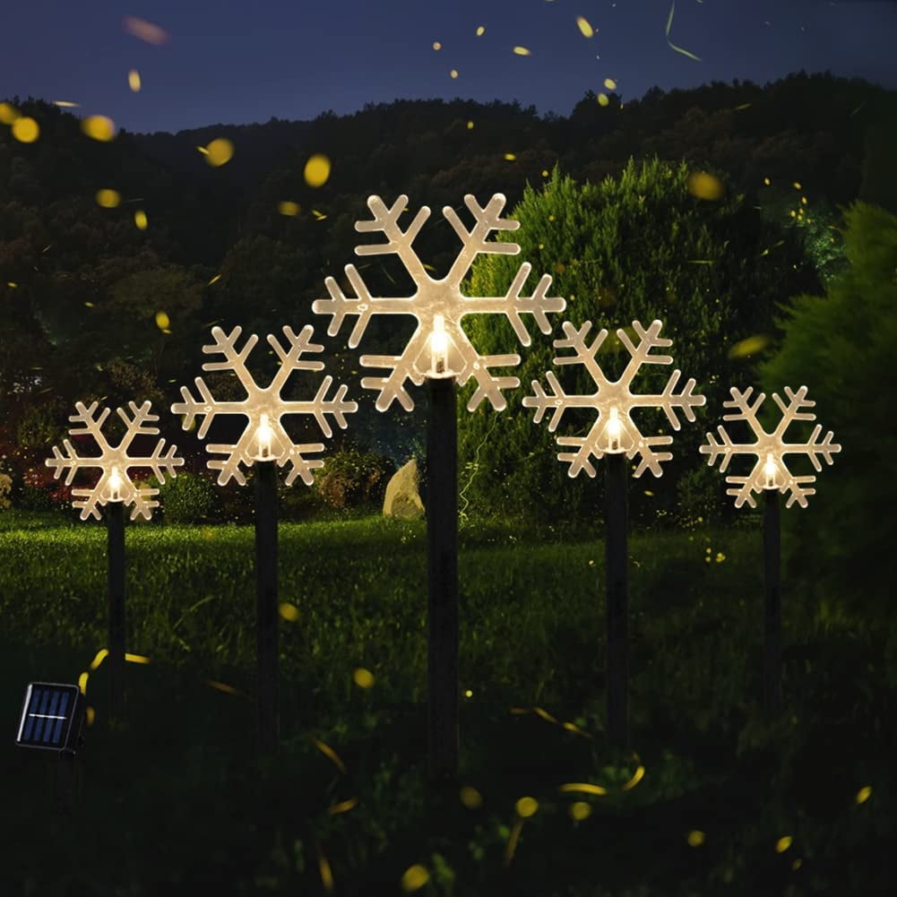 Solar Christmas Pathway Lights, 5pcs/Set Snowflake Lights Waterproof Outdoor Stake Lights for Walkway Yard Garden Decor